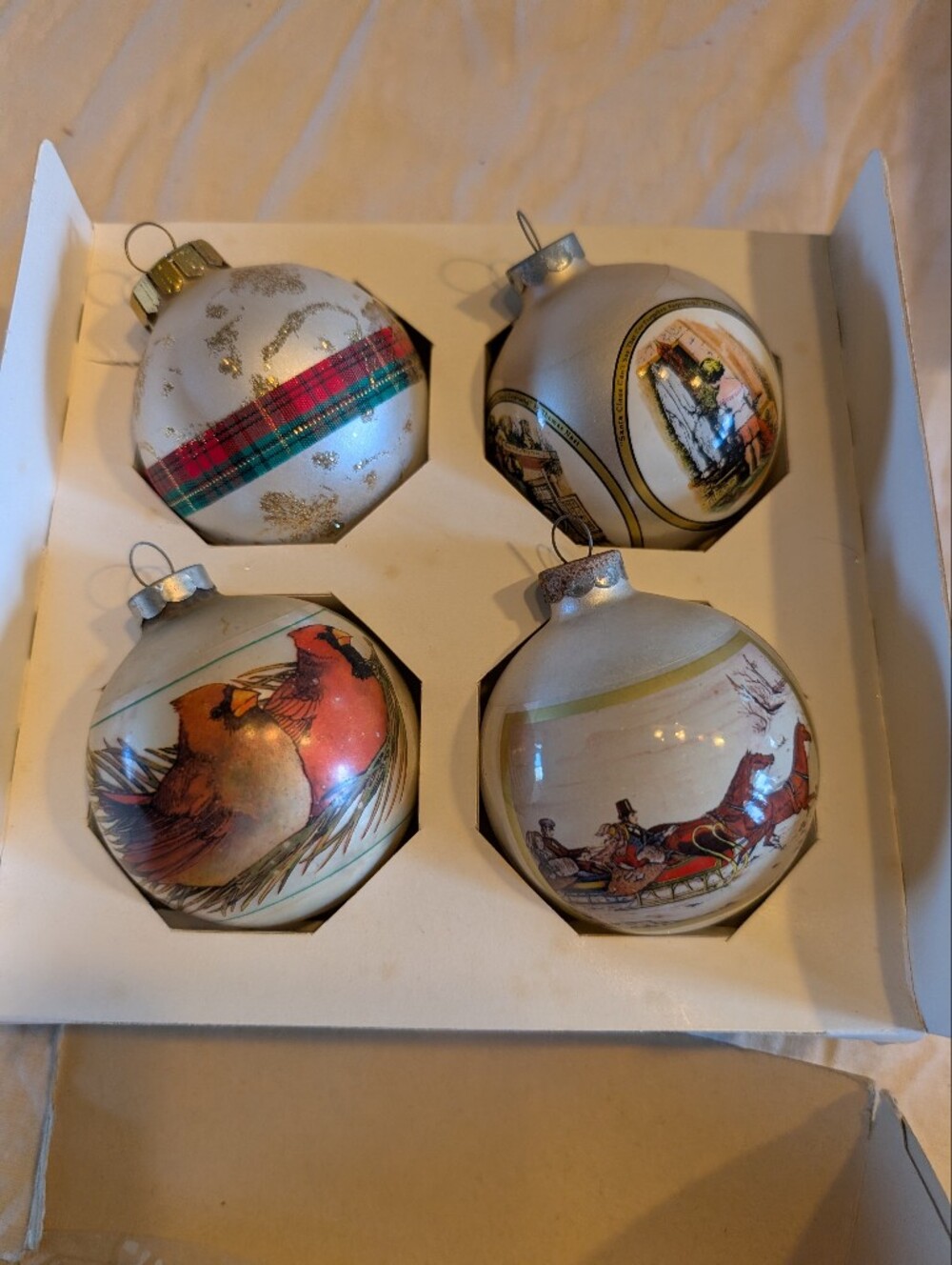 2/40$ Vintage Glass Holiday Ornaments in White, Red, Green, Gold and Brown